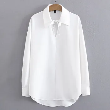 4XL Плюс Размер Бяла Риза Дамски 2023 Пролетно Темпераментен Блуза С V-образно деколте и Дантела, Блузи с дълъг ръкав, Оверсайз, Кривата на Облекло