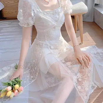 Новини 2023 година, лятото, пролетта рокля с пищни ръкави, женски френски реколта сладък рокли Kawaii, празнична ежедневното рокля midi Фея Korea Y2K