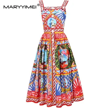 MARYYIMEI Модерно лятно памучно женствена рокля на однобортных спагети презрамки с винтажным принтом памучни рокли