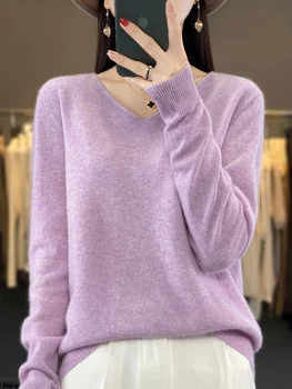 Aliselect Есен-зима, женски вязаный пуловер от 100% мериносова вълна, бял пуловер с дълъг ръкав, обикновен класически отгоре с V-образно деколте