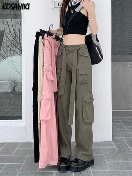 Y2k Панталони-карго с големи джобове, панталони копчета, дамски градинска дрехи, спортни джоггеры, корея, модни облекла в стил харадзюку на 90-те