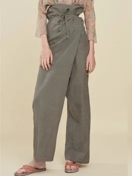 Дамски ежедневни дълги панталони с висока талия 2023, началото на есента, свободни ленени панталони дантела, универсални