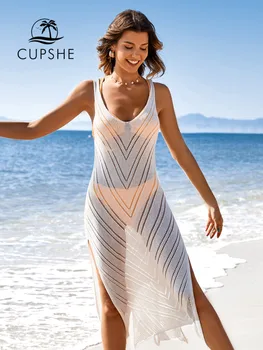 CUPSHE, бял женски бански с V-образно деколте, открита наметало, секси плажен кафтан без ръкави, с цепка отстрани, рокля midi 2022, лятна плажно облекло