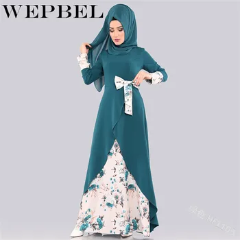 WEPBEL мюсюлманската женствена рокля Абайя ислямски арабски лък Ежедневни тънки дамски рокли са с цветен модел и дълъг ръкав