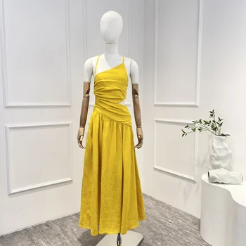Висококачествено ленено 2023, жълто, с кръстосани завязкой, лятото, ново, винтажное, с отворен гръб, дантела, без ръкави, женствена рокля midi за парти