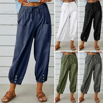 Дамски пролетно-летни панталони с еластичен ластик на талията и завязками, обикновена широки панталони, джобове топ в тон, без всекидневни дишаща Девети Бкп
