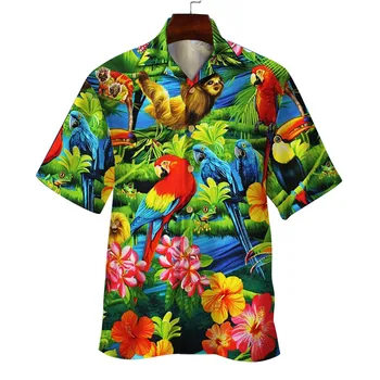 Мъжки Летни Ризи с Флорални Принтом Parrot, Къс Ръкав, Хавайска Риза Aloha Копчета, Ежедневни Празнична Плажна Риза, Риза 2023