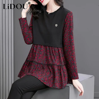 Пролет-есен стилен корейски реколта риза Y2K, дамски ежедневни лоскутные свободни дамски блузи с принтом, елегантен пуловер