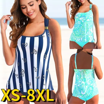 Бански костюми-танкини с принтом райе, монокини, бански комплект от две части, летни плажни дрехи, женски секси бански костюм с висока талия XS-8XL