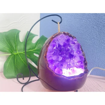 Форма на яйце Натурален кристал аметист чакъл USB нощно лампа Украса на масата занаяти декорация на дома