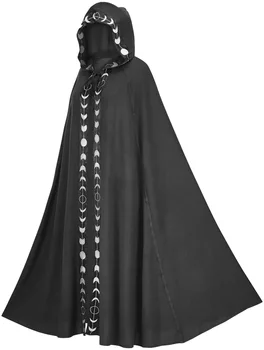 Жена дъждобран за Хелоуин с принтом на Луната, костюм на магьосник за cosplay, дълго наметало готически рицар с качулки, дъждобрани вещици