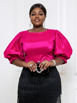 Дамски блестяща модерна блуза цвят фуксия, с кръгло деколте и къс ръкав-фенерче, африка женски всекидневни офис пуловер в голям размер, най-2023