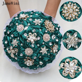 JaneVini, нови зашеметяващи тъмно зелен сатен на цветя, сватбени букети, блестящи кристали, изкуствени рози, фалшив букет, украса на сватба