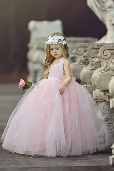 Розови рокли с цветя модел за момичета, фатиновые буйни апликация с квадратни деколтета и перли, подходящи за сватба, рожден ден, първото причастие