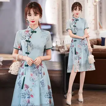 2023 китайското подобряване на шифоновое рокля с националния цветисти принтом чонсам, елегантна източното рокля фея, винтажное вечерна рокля vestido