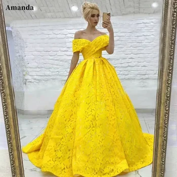 Вечерна рокля Аманда с открити рамене Светло-жълт халат De Soirée Дантелено бална рокля Вечерна рокля с стреловидным влак рокля за бала 2023