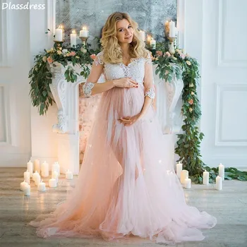 Pink Prom Dresses For Pregnancy Photography V-neck Секси Illusion Appliques рокля New Evening Dress рокля на нов год2021