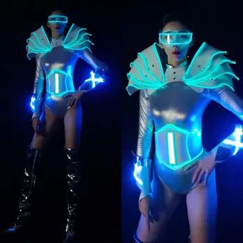 Светещи технологичните костюми бар парти ледена синя led пънк-кибер-танцова трупа бар гого денс парти